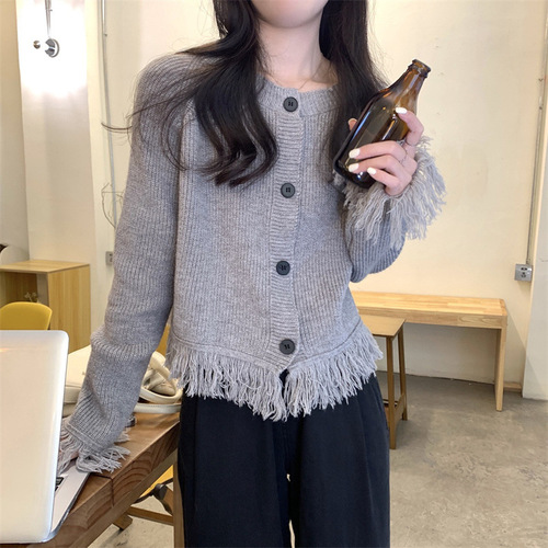 Korean-style design long-sleeved cashmere sweater coat for women, autumn and winter tassel loose knit open sweater coat