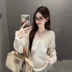 灰色蕾丝蝴蝶结拼接宽松长袖毛衣女装秋季慵懒风加厚针织衫上衣潮