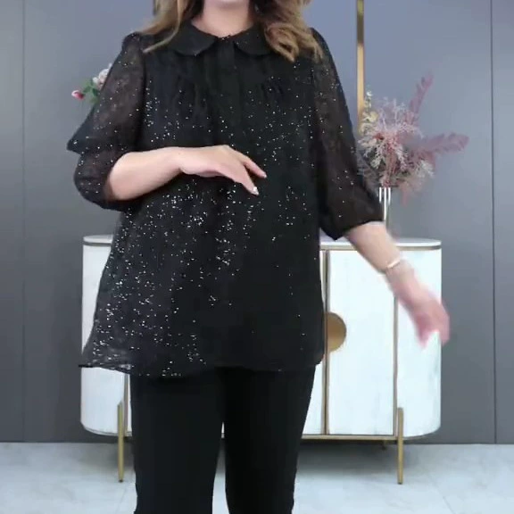 Легкая роскошь большой размер женская летняя новая блестящие рубашка дикая талия тонкая кукольная рубашка топ женская одежда