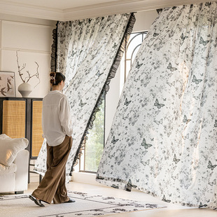 French Pastoral Style Light Luxury High-end Sense Butterfly Printed Window Screen Living Room Bedroom Balcony Bay Window Decorative Window Screen Fabric