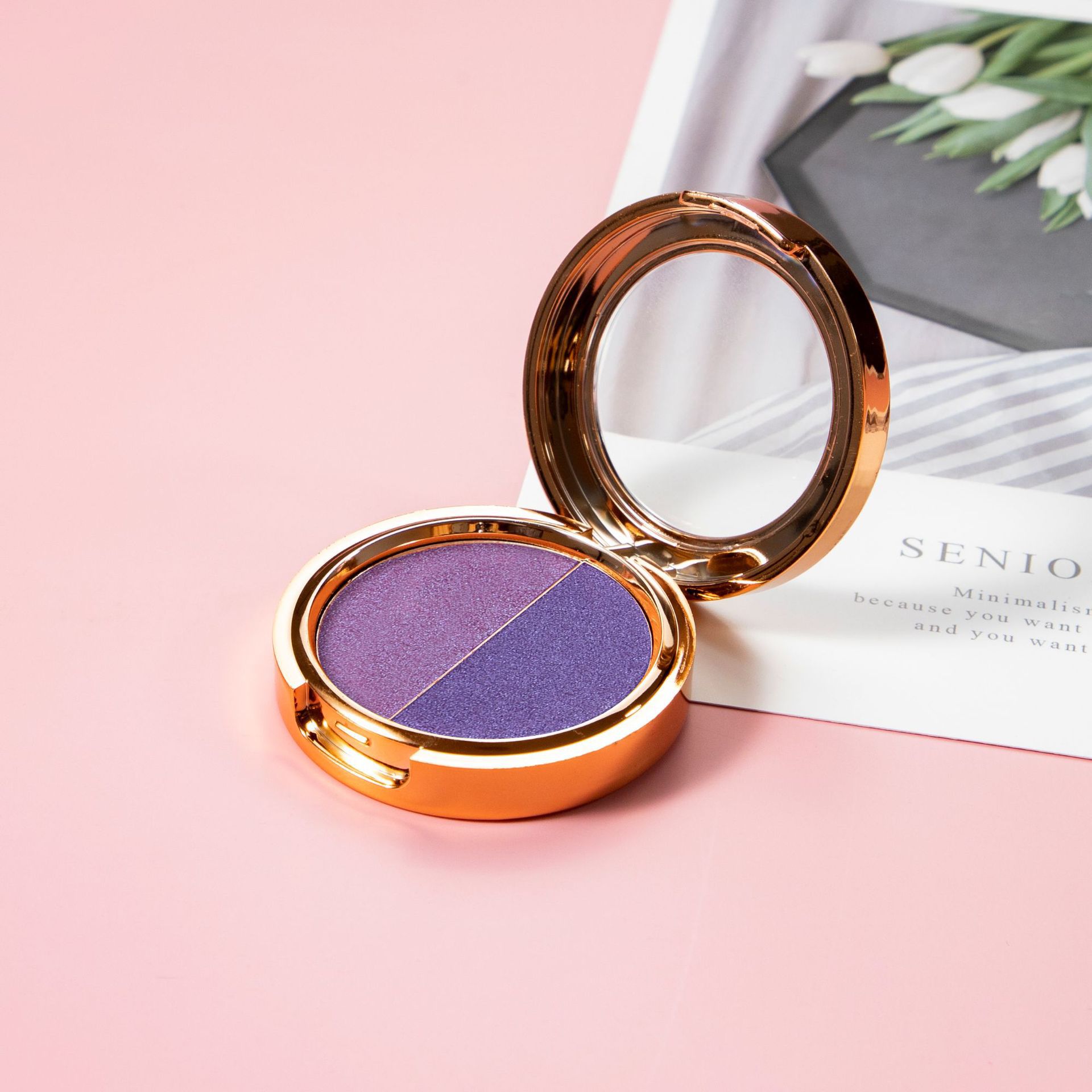 Maquillaje transfronterizo, sombra de ojos de dos colores, combinación de acabado nacarado en uno, paleta de sombras de ojos en polvo delicada y no voladora, multiusos