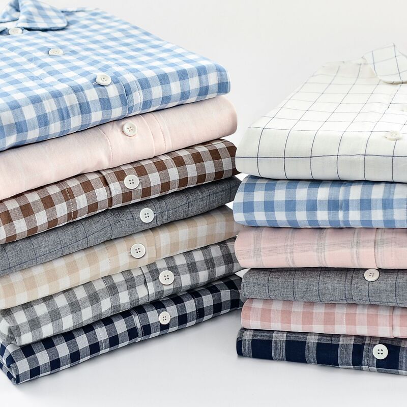 2024 Non-printed Style Cotton Double-layer Yarn Pajamas Plaid Home Clothes Couple's Men's and Women's Home Clothes Spring and Autumn suit