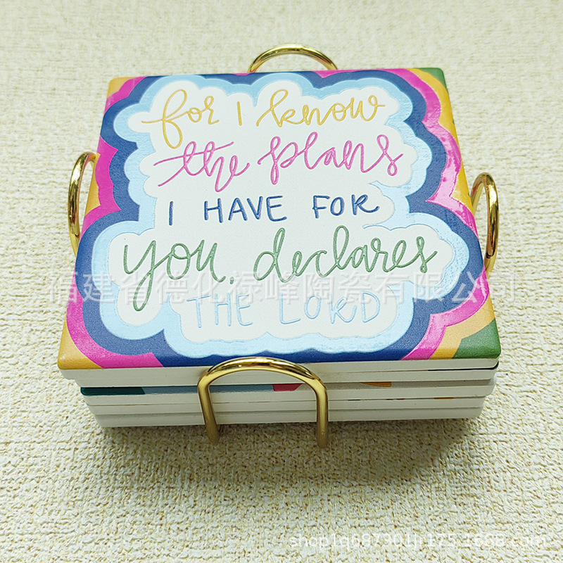 Factory wholesale embossed bright oil printing art style ceramic coasters dining table cork pot heat insulation mat