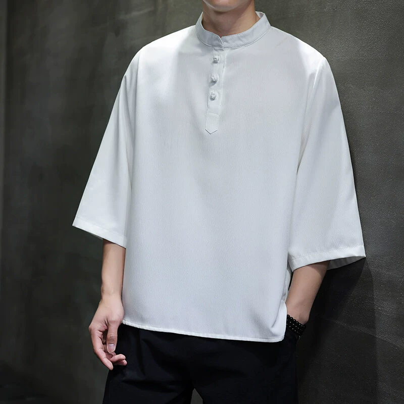 2025 новый летний китайский стиль мужской сплошной цвет стоячий воротник повседневная футболка с пряжкой