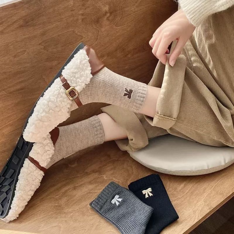 秋冬厚手の女性用ソックス 新作インズ 暖かい秋冬リボンストッキング ミッドカーフソックス レディース 春秋ロングソックス 1|undefined