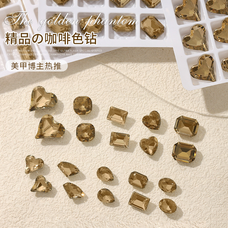 Manicura Otoño e Invierno marrón 2023 nueva celebridad en línea K9 señaló Fondo torcido melocotón corazón hacha boutique de uñas decoración diamante