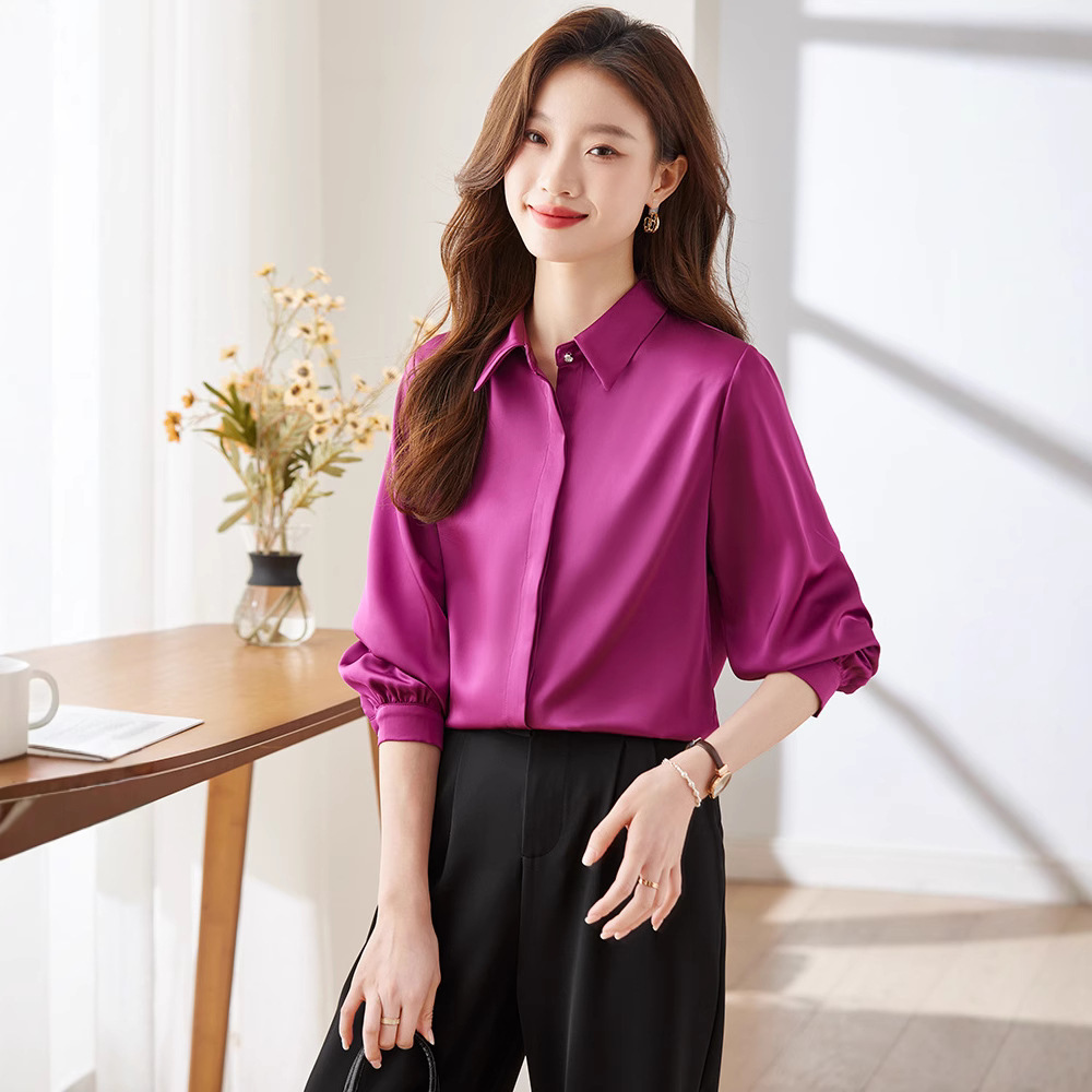 여성용 하이 엔드 긴팔 흰색 쉬폰 셔츠, 루즈한 가을 패션 셔츠, 틈새 상의, 보라색