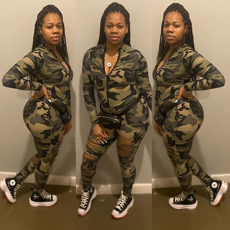 2021欧美跨境女装亚马逊速卖通休闲数码印花破洞拉链迷彩连体裤|ru