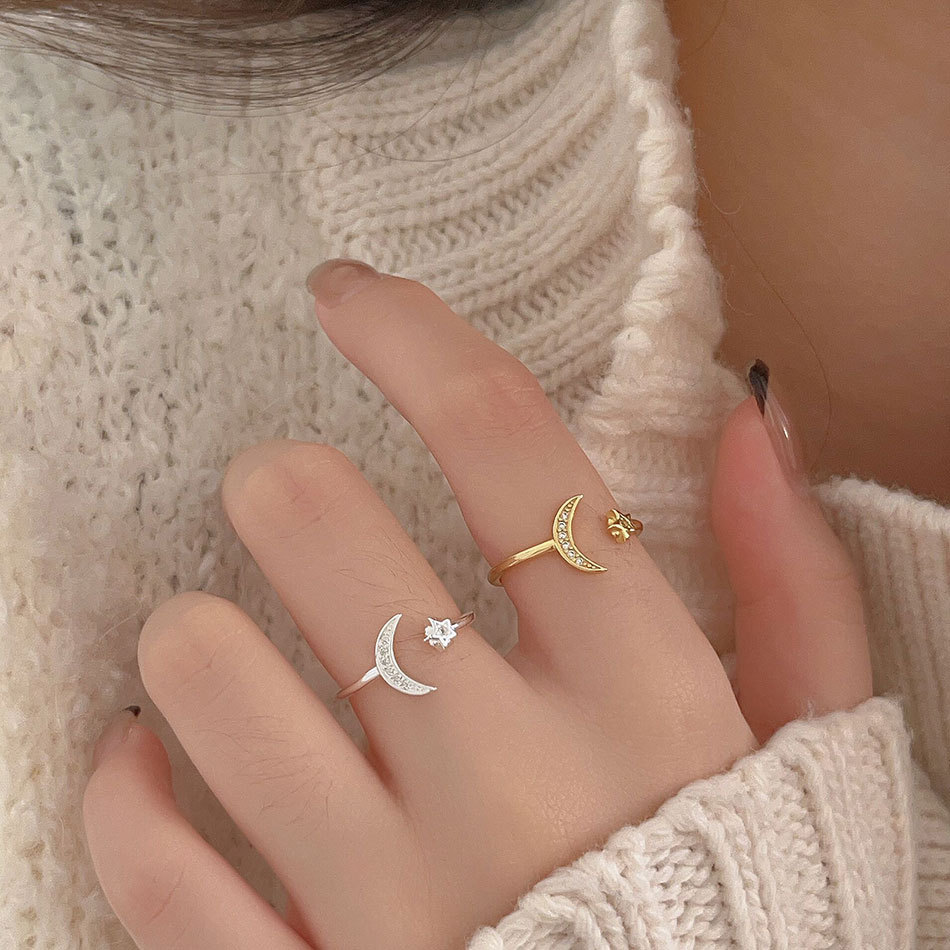 Sterling Silver Simple Style Star Moon Plating Open Rings display picture 2