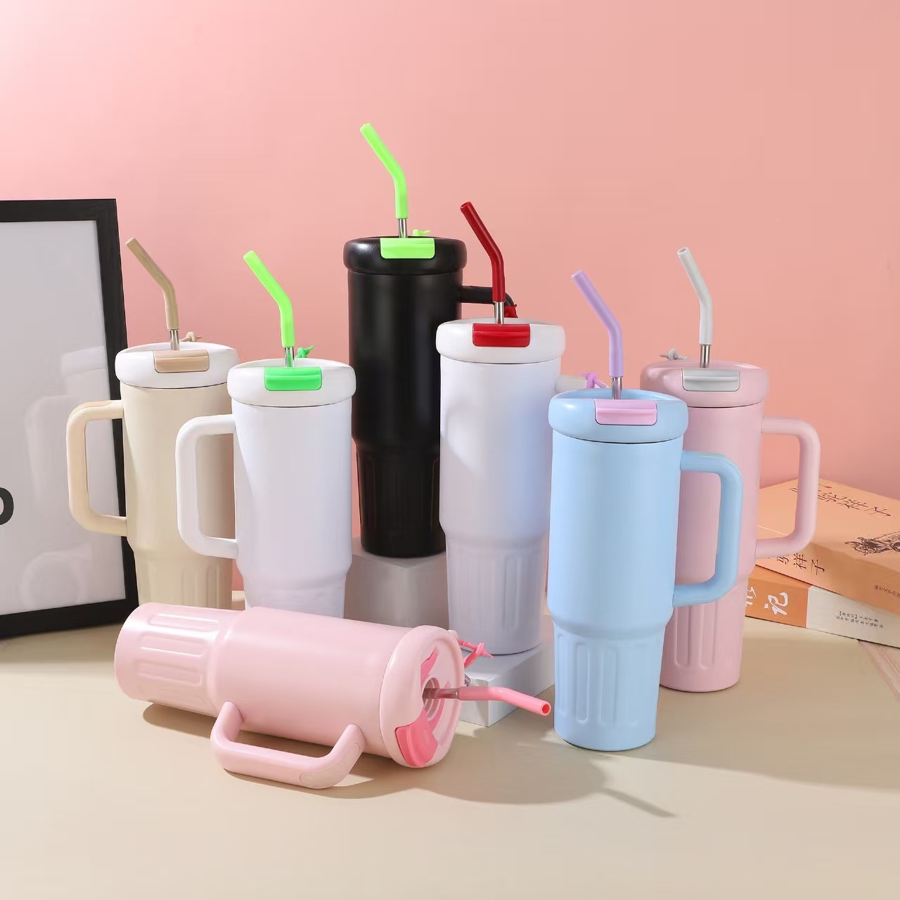 Gran capacidad transfronteriza 40oz taza de hielo con mango taza de aislamiento de acero inoxidable taza portátil de paja taza de automóvil al por mayor