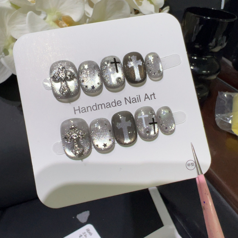 [Silver Gray Cross] Gothic Style Cold Light Star Cross Wearable Nail Silver Mist Metal Glitter Wearable Nail Patch