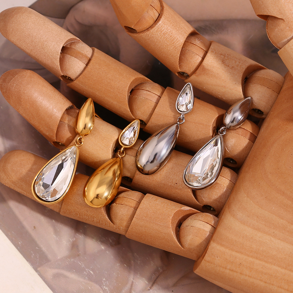 Asymmetrical Water Drop White Diamond Stainless Steel Earrings