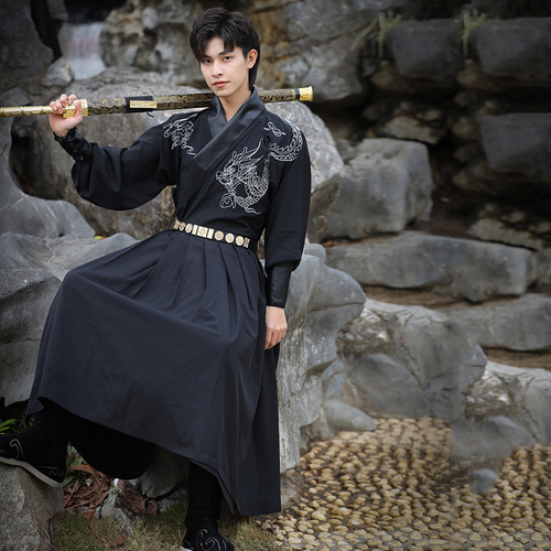 Ethnic style Hanfu for men [Chinese Dragon] Jin Yi Wei belly black martial arts straight sleeve flying fish suit domineering performance suit