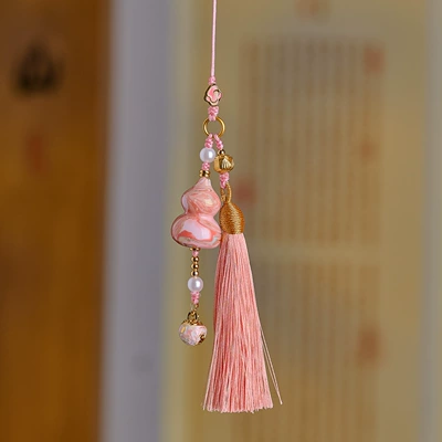 and Wealth Car Interior Decoration – Car hanging - pink-lacquer-gourd-gold-hat-tassel-pendant