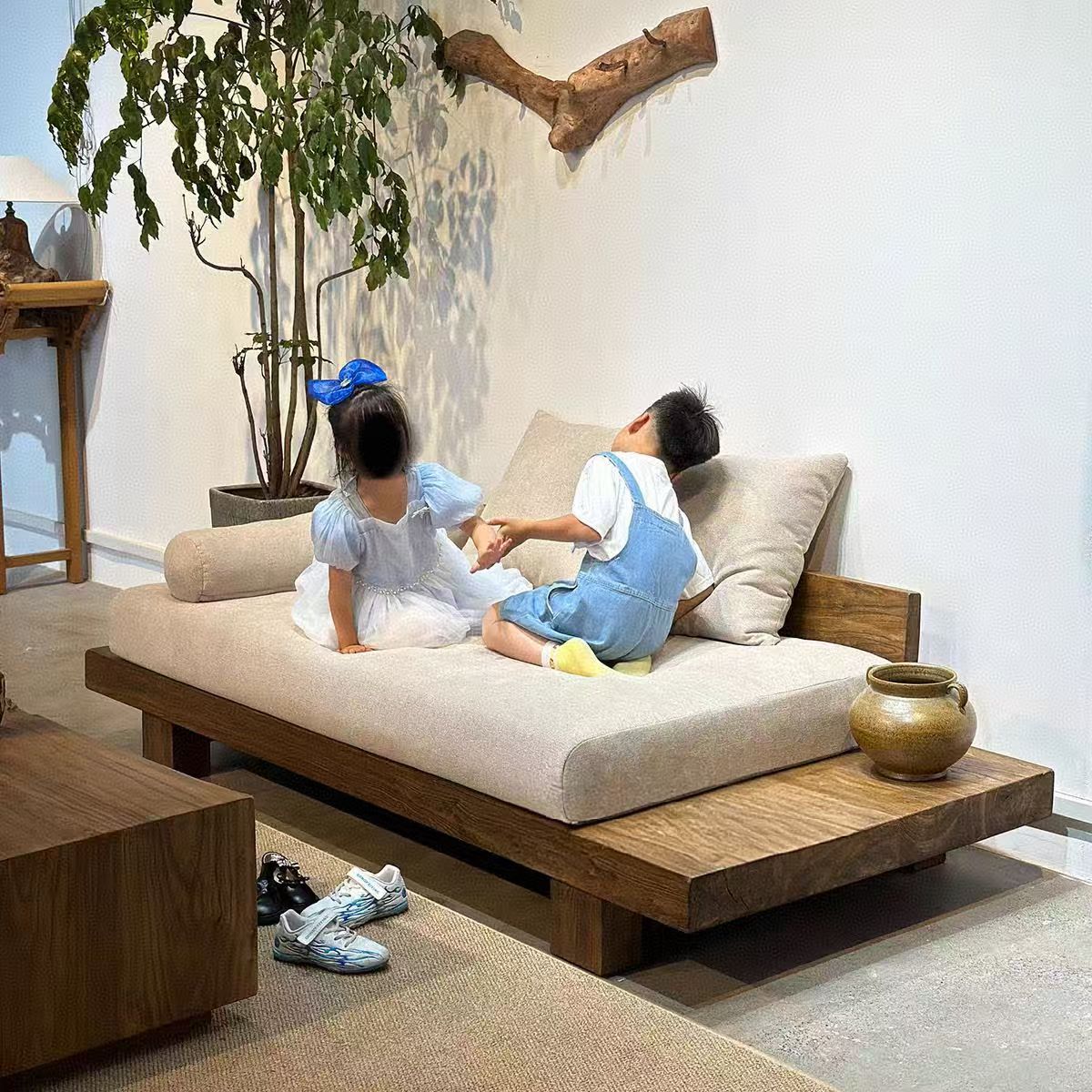 B&B Living Room Sofa Wabi-Sabi Style Solid Wood Double Sofa Old Elm Small Apartment Mid-Century Style Floor Straight Sofa