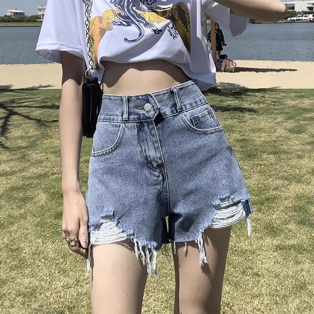 High-Waisted Denim Shorts for Women, Summer 2025 New Korean Style, Frayed Edge, Slimming, Petite, Xs, Internet Celebrity Hot Style, A-Line Hot Pants