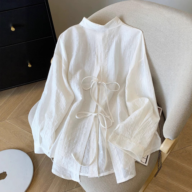 White Tencel Sun Protection Shirt Jacket Women's Summer Thin Cardigan Back Slit Butterfly Strap Lazy Style Shirt