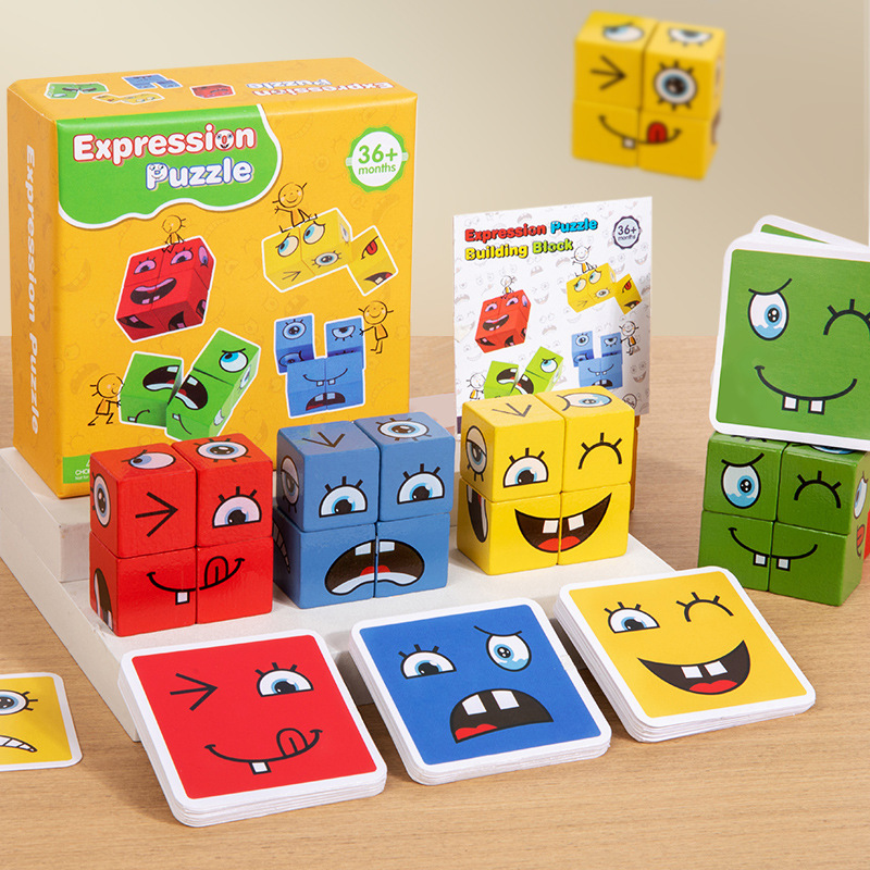Cross-Border Expression Face-Changing Rubik's Cube Building Blocks Iron Box Children's Battle Toys Parent-Child Board Game Wooden Challenge Toys