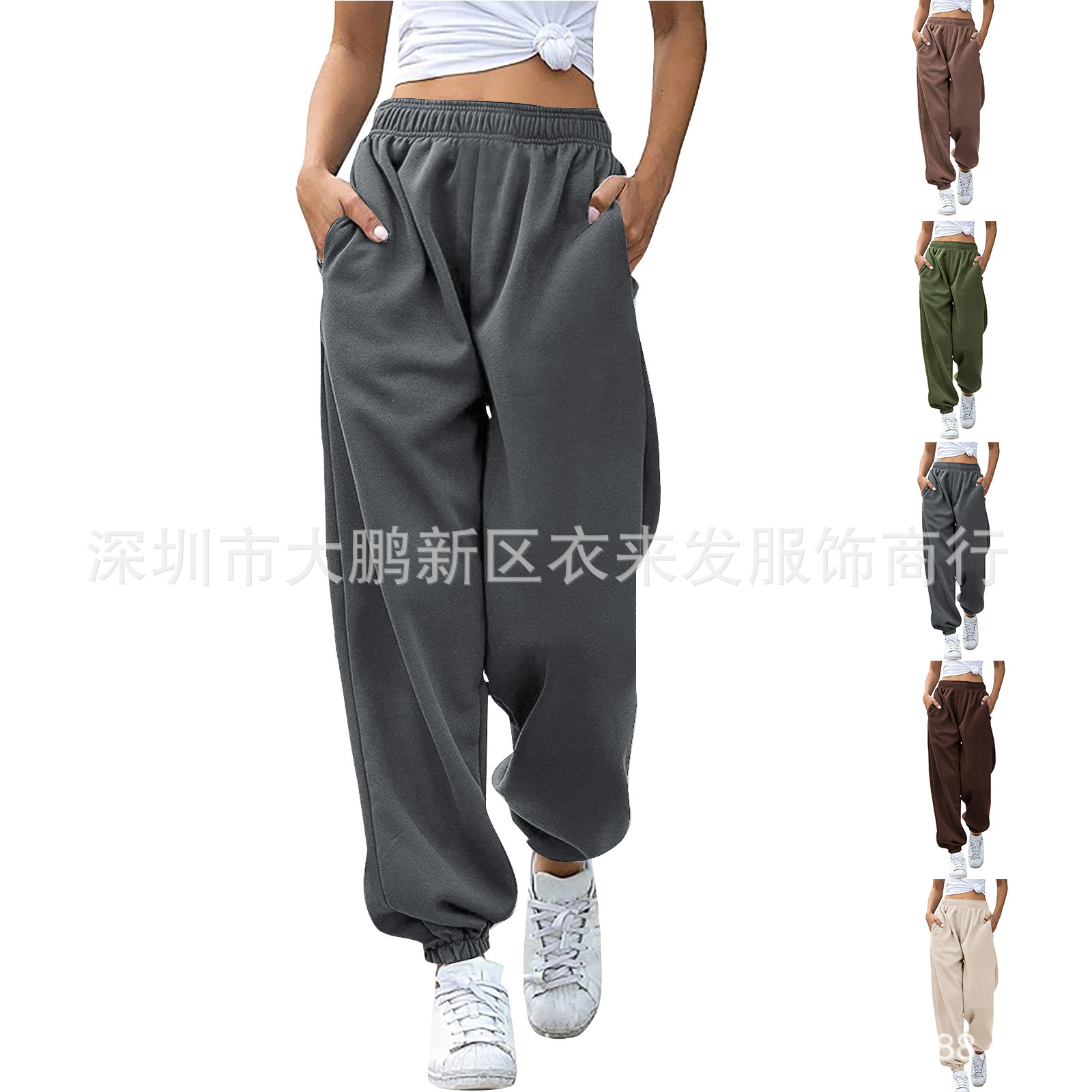 亚马逊2023女式高腰宽松运动裤舒适高腰无抽绳休闲卫衣裤带口袋