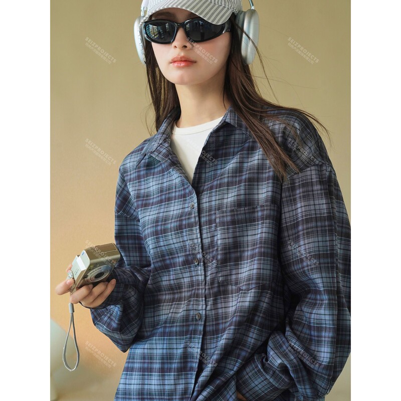 Early Spring New Korean Style Retro Contrast Plaid Shirt Loose Silhouette Layered Casual Top for Women