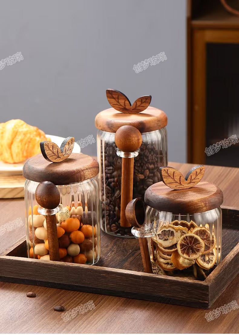 条纹玻璃储物罐,厨房香草香料带勺,木盖玻璃密封罐,代发食品储物罐