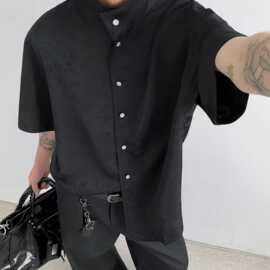 弹力衬衫男短袖韩版修身休闲免烫衬衣男士刺绣帅气黑色寸衫潮