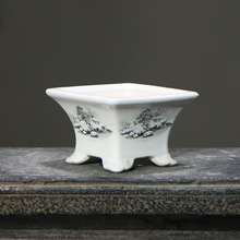 正方形贴花彩绘手绘陶瓷盆景盆白泥紫砂花盆中国风雪景图桌面盆栽