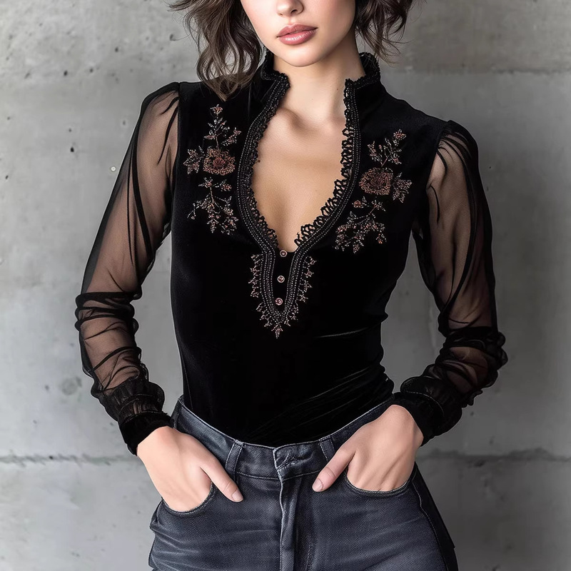 0373 Amazon Spring French Retro High-End Pure Desire Lace Patchwork Velvet Embroidered Slim-Fit Shirt