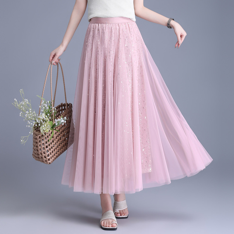 Fashionable Sequined Mesh Patchwork Pleated Large Hem Skirt for Women 2026 Spring and Autumn New High-Waisted A-Line Mid-Length Skirt Fashionable Sequined Mesh Patchwork Pleated Large Hem Skirt for Women 2026 Spring and Autumn New High-Waisted A-Line Mid-Length Skirt