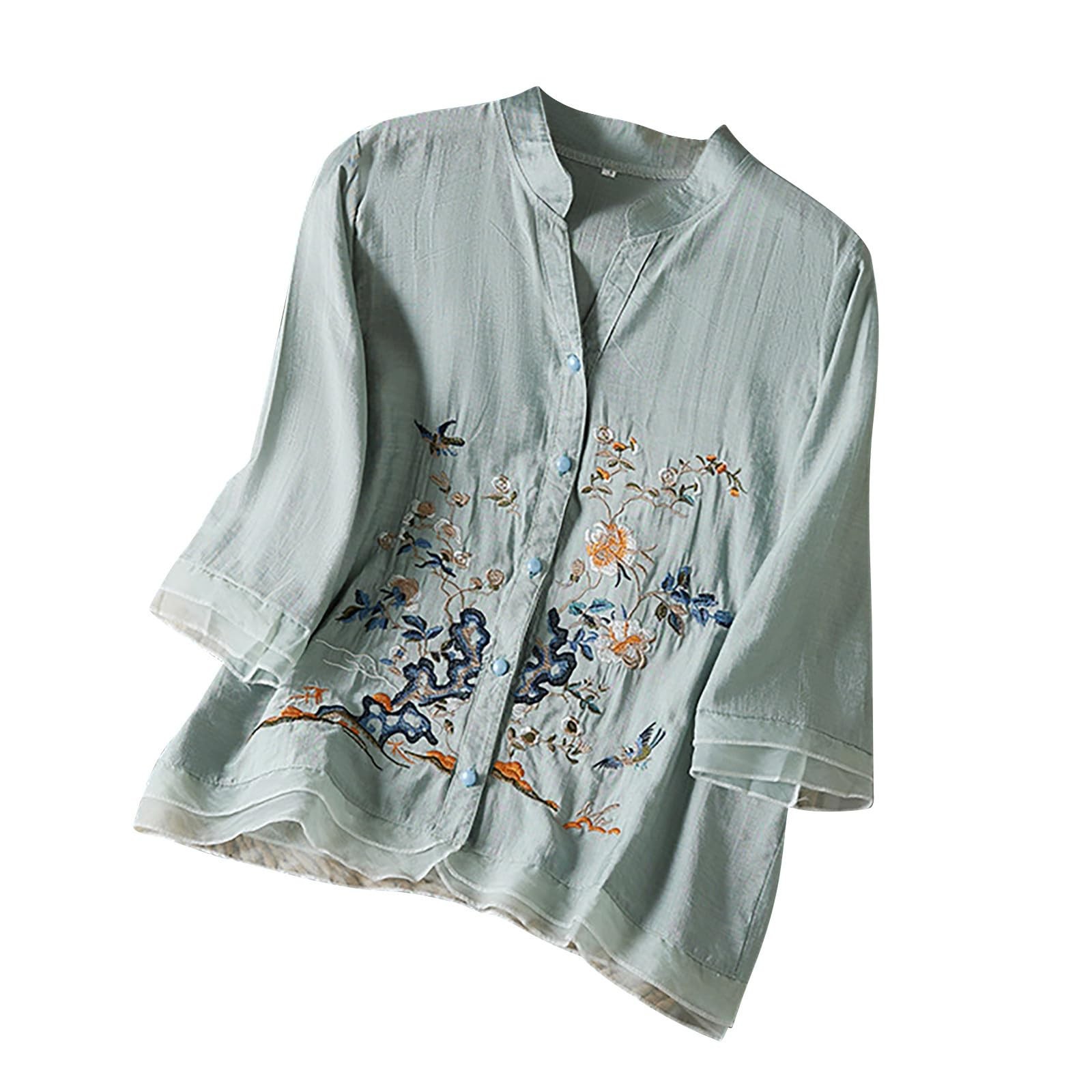 2026 Spring/Summer New Cross-Border Artistic Retro Embroidered Shirt Top with Heavy Embroidery and Covered Buttons