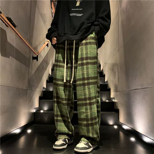 Spring and Autumn Brand Loose Wide-Leg Straight-Tube Pants with Drape, High-End, Versatile, Gritty-Hardcore Men's Woolen Plaid Casual Pants