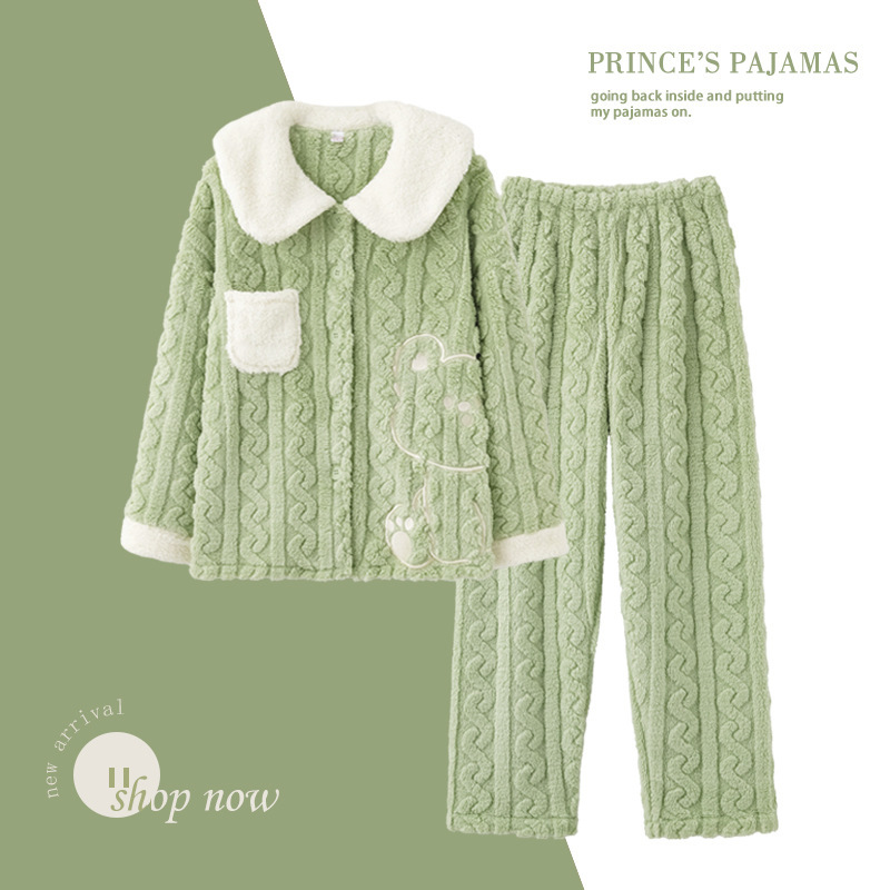 [Clearout Special] Pajamas for Women Autumn and Winter Coral Fleece Plus Velvet Thickened Cartoon Cute Bear Warm Home Suit