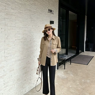 通勤老钱风拼接格纹领边设计感宽松衬衫女秋装宽松中长款衬衣外套