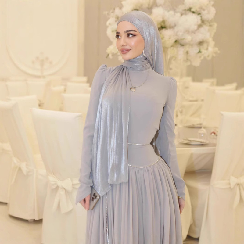 2025 New Festive Banquet Dress Light Gray Shimmering Headscarf Diamond Chain Decoration Southeast Asian Waist-Cinching Sweet Long Dress 2025 New Festive Banquet Dress Light Gray Shimmering Headscarf Diamond Chain Decoration Southeast Asian Waist-Cinching Sweet Long Dress