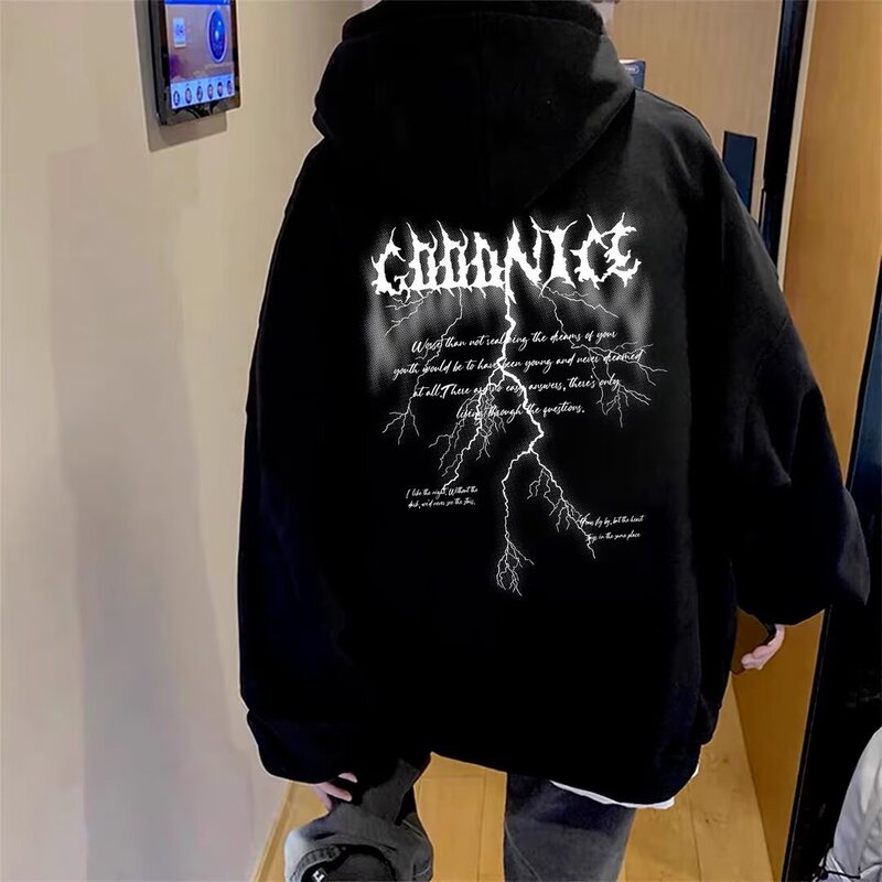 2026 Summer Cross-Border Trend Lightning Blurred Letter Men's Fashion Brand Cool Street Style American High Street Hooded Sweatshirt