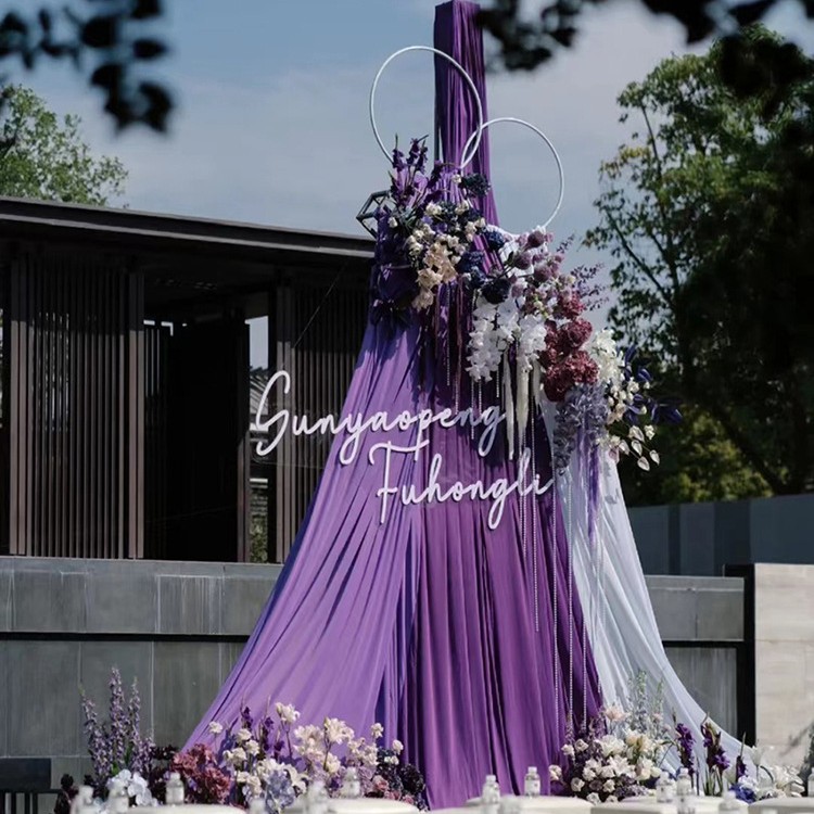 웨딩 보라색 천 맨틀 우유 실크 패브릭 스트레치 천 맨틀 천장 웨딩 강당 무대 탑 컬러 카드 웨딩 장식