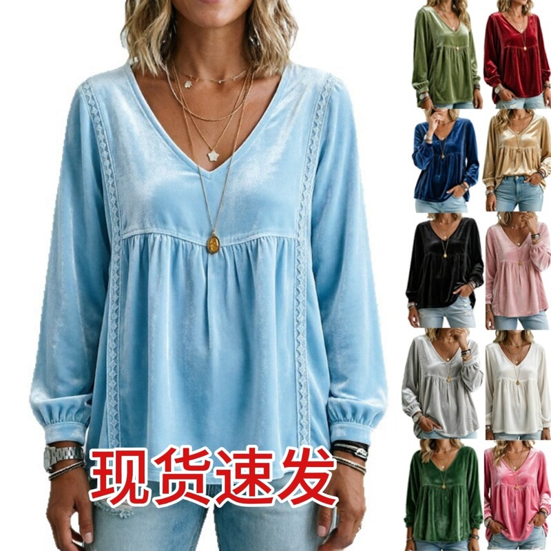 2026 Autumn Foreign Trade European and American Cross-Border New Women's Clothing V-Neck Lace Velvet Casual Loose Long-Sleeve Blouse Shirt 2026 Autumn Foreign Trade European and American Cross-Border New Women's Clothing V-Neck Lace Velvet Casual Loose Long-Sleeve Blouse Shirt