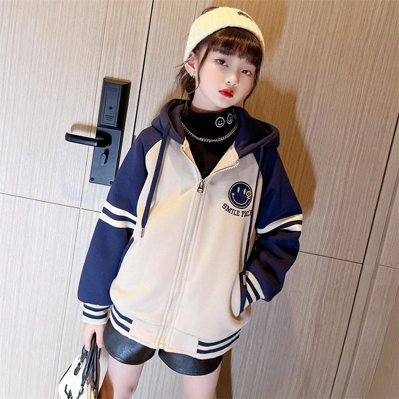 Abrigo de las niñas forrado de vellón engrosado Otoño e Invierno suéter con capucha uniforme de béisbol medio y grande niños estilo occidental niñas cardigan top
