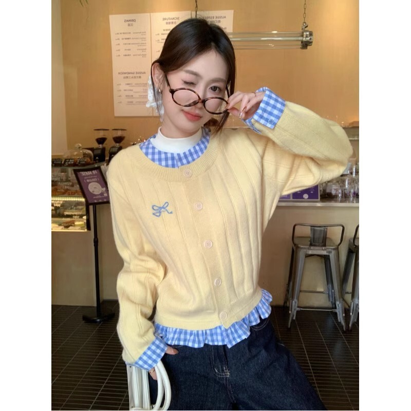 韩系格纹拼接毛衣外套女春季2025新款时髦洋气单排扣宽松针织开衫|undefined