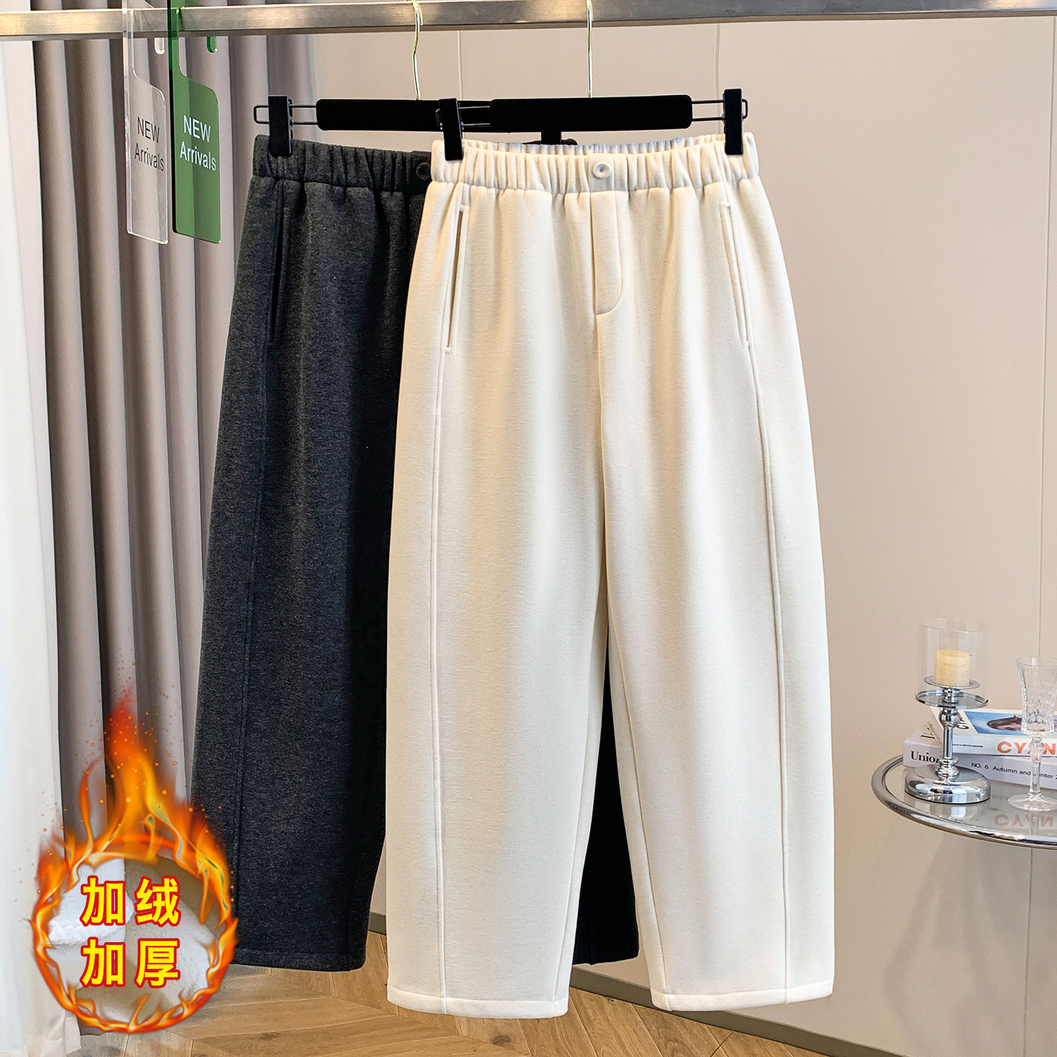 毛呢加绒哈伦裤女冬季一体绒加厚保暖宽松休闲显瘦豌豆九分奶奶裤