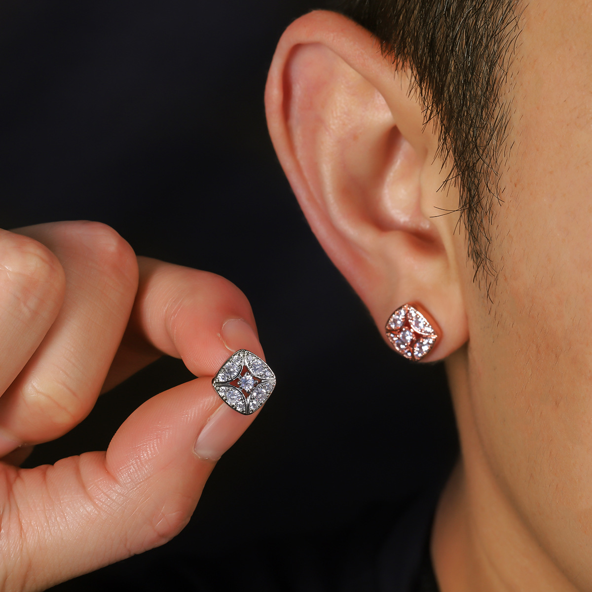 Sugar Cube Sparkling Zirconia Earrings Men, Hip-hop Trendy Light Luxury High-end Earrings, Simple And Stylish Versatile_voghion.com