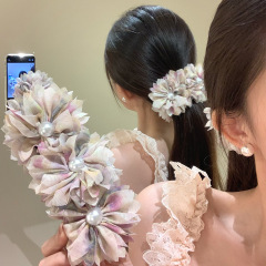 好仙!渐变粉色珍珠花朵香蕉夹女高级感后脑勺盘发抓夹马尾夹发饰