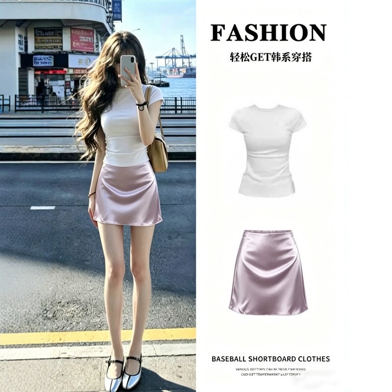 Purple Acetate Flowing Satin Skirt Summer Set for Women 2026 New Style Light Mature Style for Intellectual and Refined Wear Purple Acetate Flowing Satin Skirt Summer Set for Women 2026 New Style Light Mature Style for Intellectual and Refined Wear