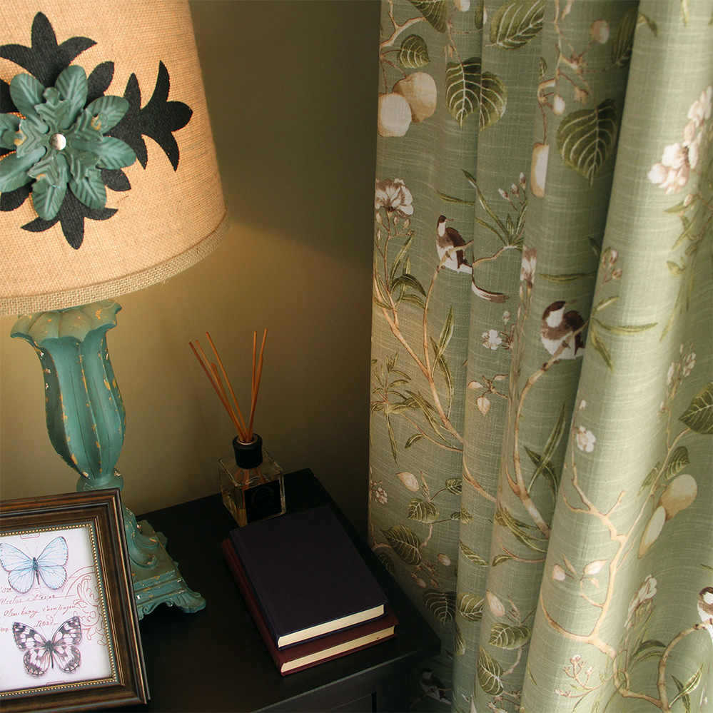 American Country Pastoral Curtains for Living Room and Bedroom Floor-To-Ceiling Windows Cotton and Linen Curtain Fabric with Floral and Bird Designs, New Study Room Finished Product Hot Item