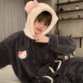 可爱卡通灰色kt小猫男女加绒加厚加长浴袍套装睡衣家居服情侣跨境