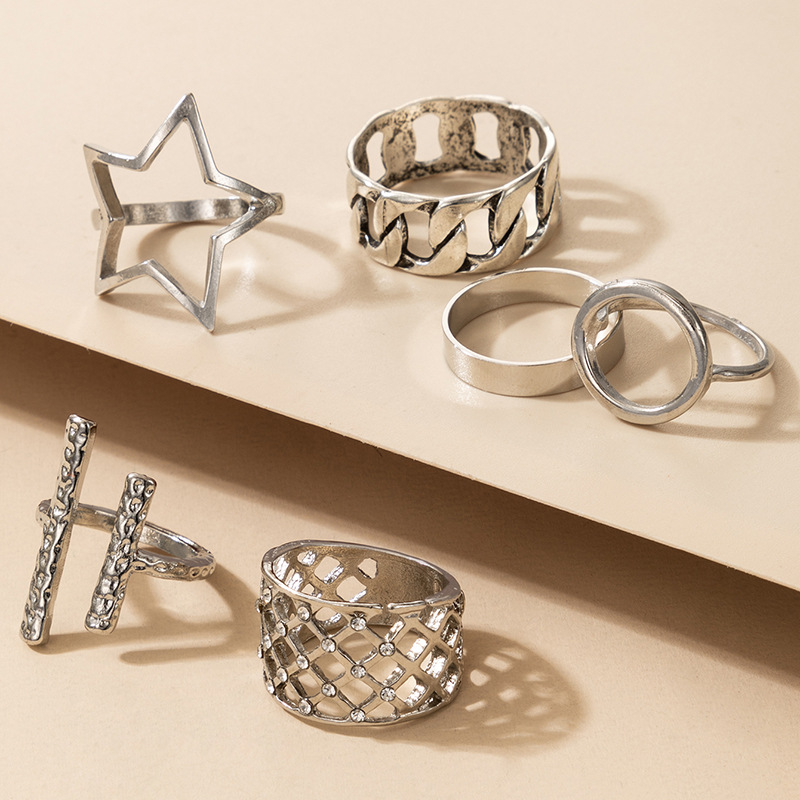 Retro Star Round Opening Rings 6-piece Set display picture 5