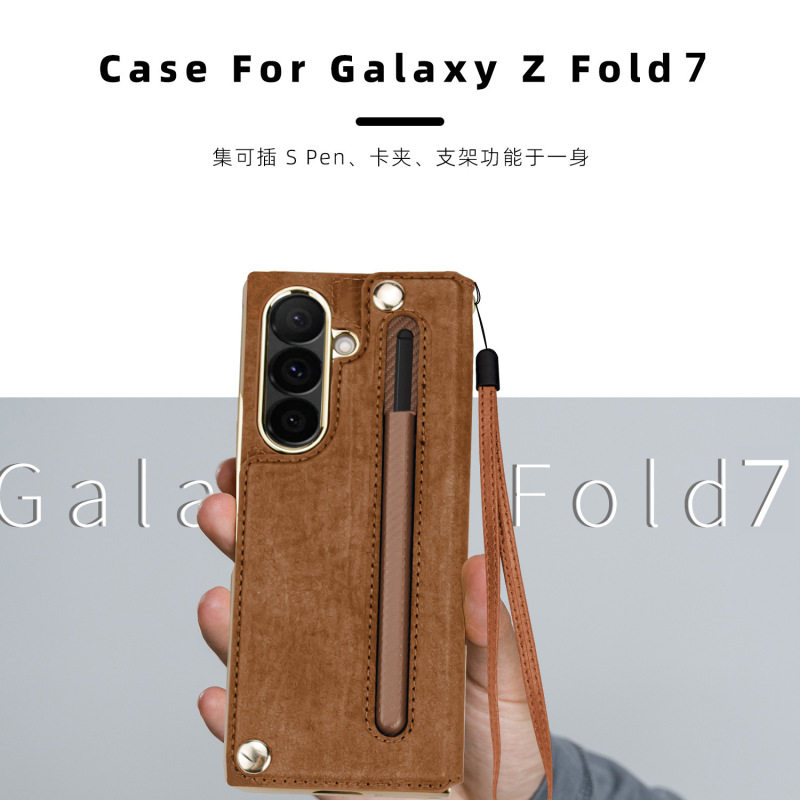 工場卸売サムスンfold7電気メッキスタンド携帯電話ケース、カード挿入、ハンドロープシェルフィルム一体型レザーケースに適しています|undefined