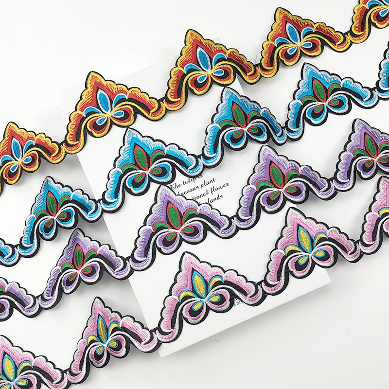 厂家现货民族风三角刺机绣背胶帽子服装辅料人工熨烫长条布贴花边