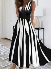 Q 40812 Striped V-neck maxi dress ����ӡ�� V �쳤ȹ�羳