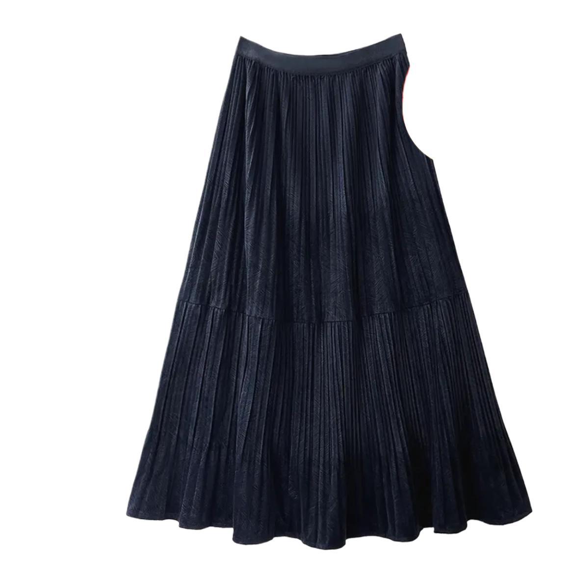 2024 새로운 하이 웨이스트 슬림 피팅 중간 길이 스커트 벨벳 슬리밍 플리츠 스커트 따뜻하게 유지하는 큰 밑단 스커트